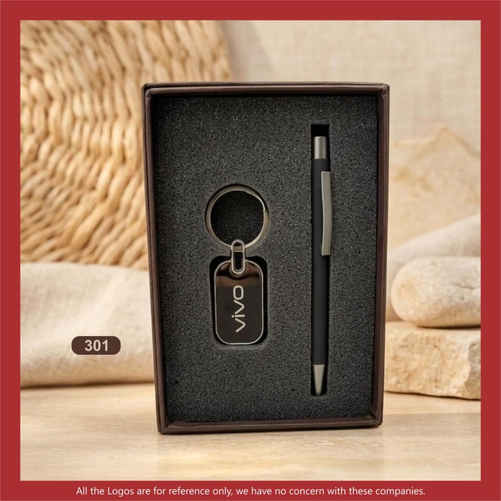 Customized metal keychain and pen gift set in a black presentation box