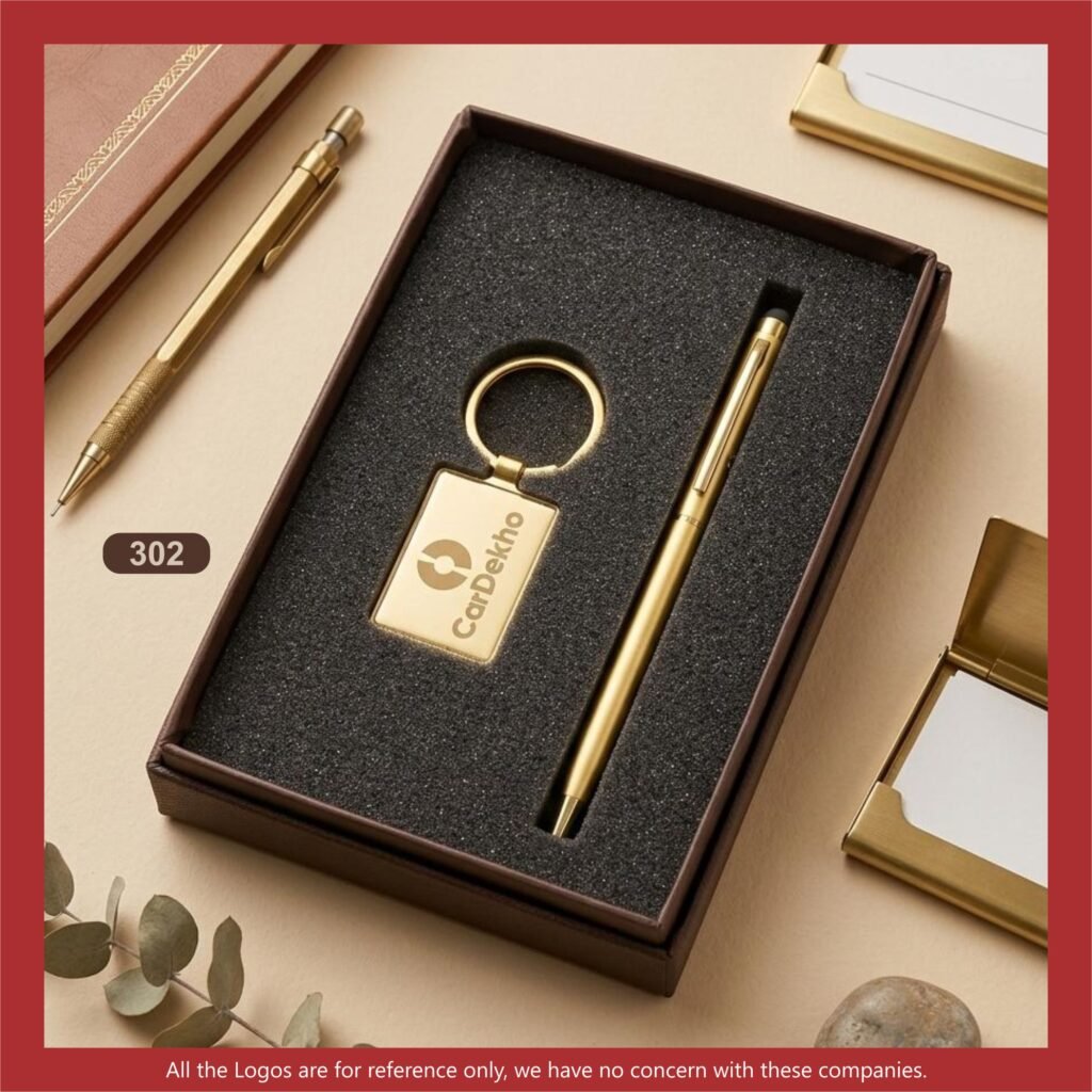 Customized metal pen and keychain gift set in a presentation box