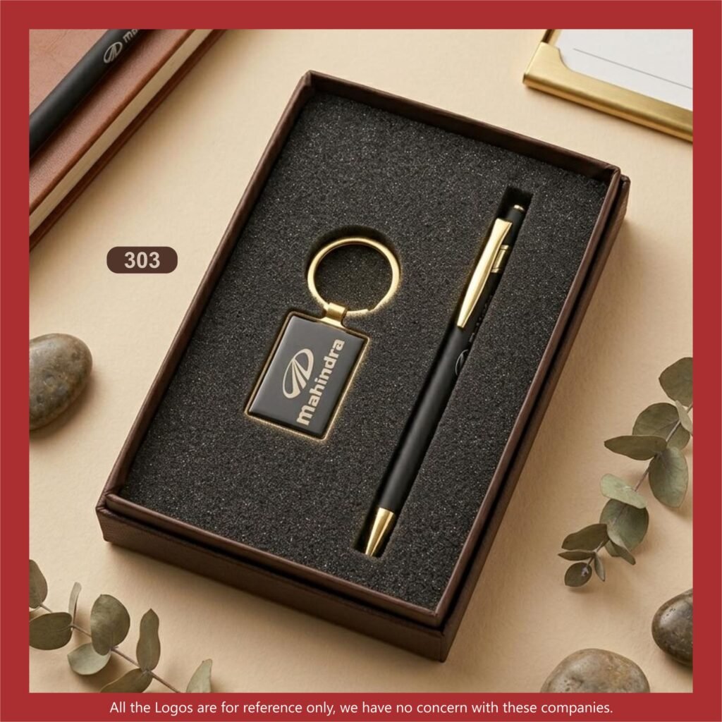 Customized metal keychain and pen gift set in a presentation box
