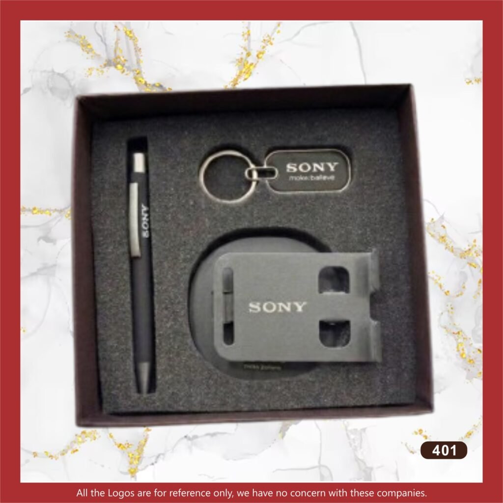 Customized Metal Keychain, Pen & Mobile stand gift set in a presentation box