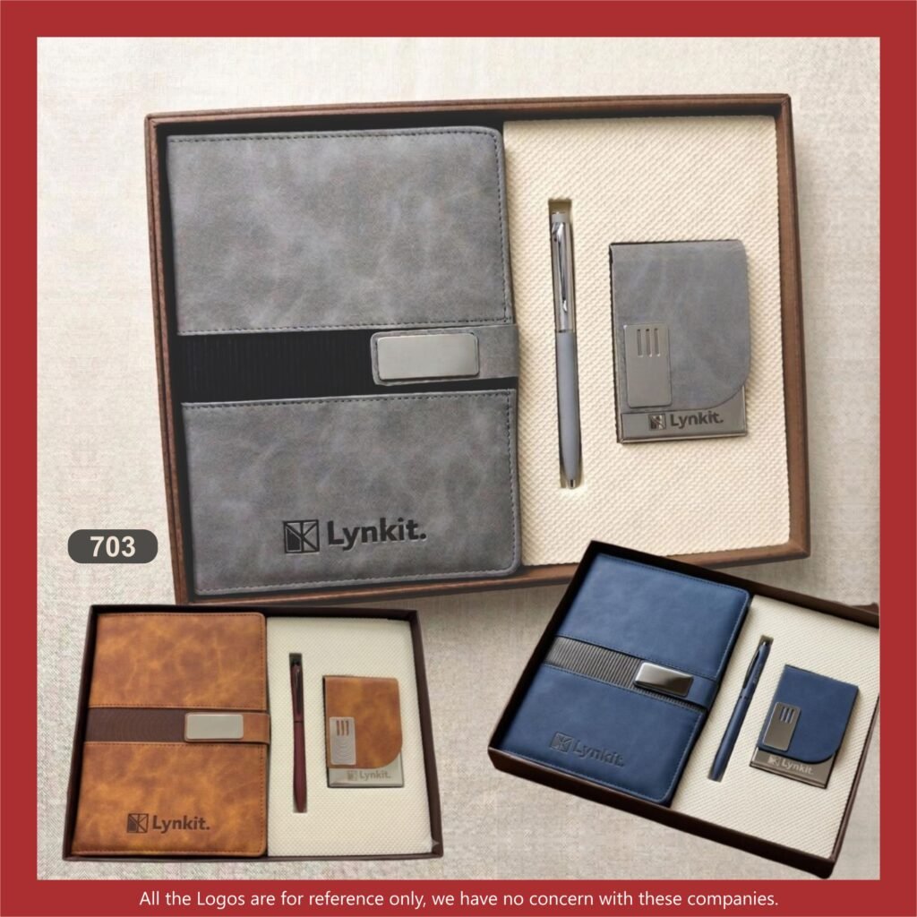 Premium notebook, keychain and pen gift set in a stylish presentation box, featuring a brown notebook with a matching keychain and sleek metal pen.