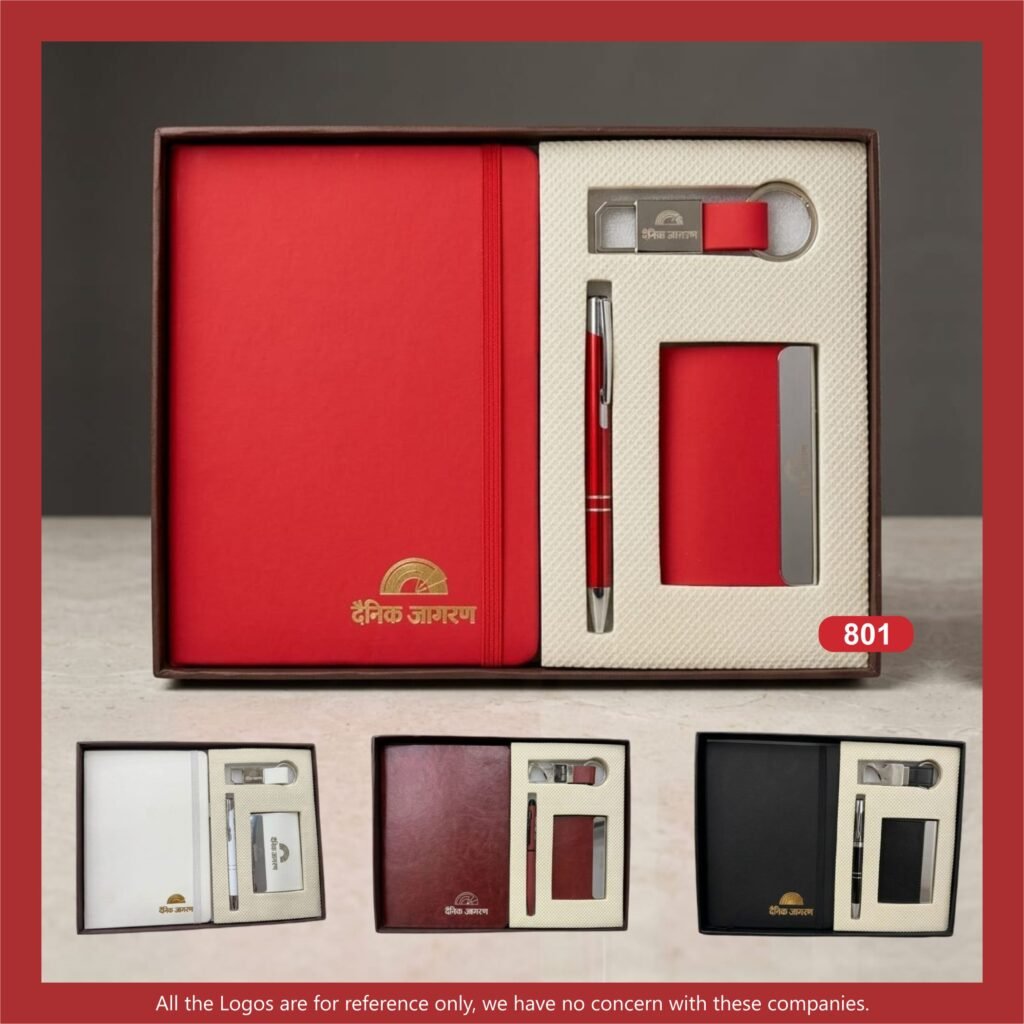 Premium 4-in-1 corporate gift set featuring a notebook, metal pen, keychain and cardholder, presented in an elegant gift box.